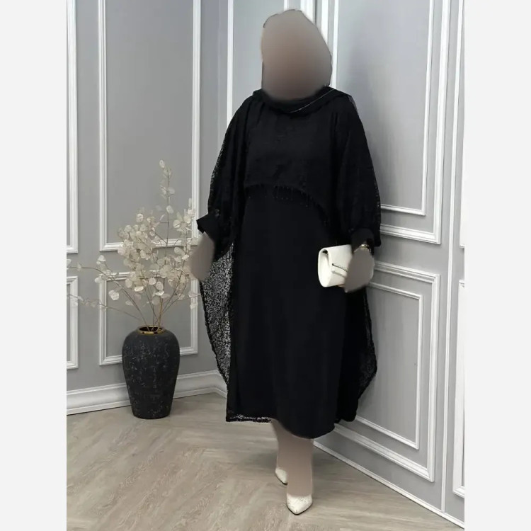 ست دوتیکه مجلسی زنانه مدل رویال سارافن بوگاتی با رویه دانتل مشکی سایز فری 38 تا 48