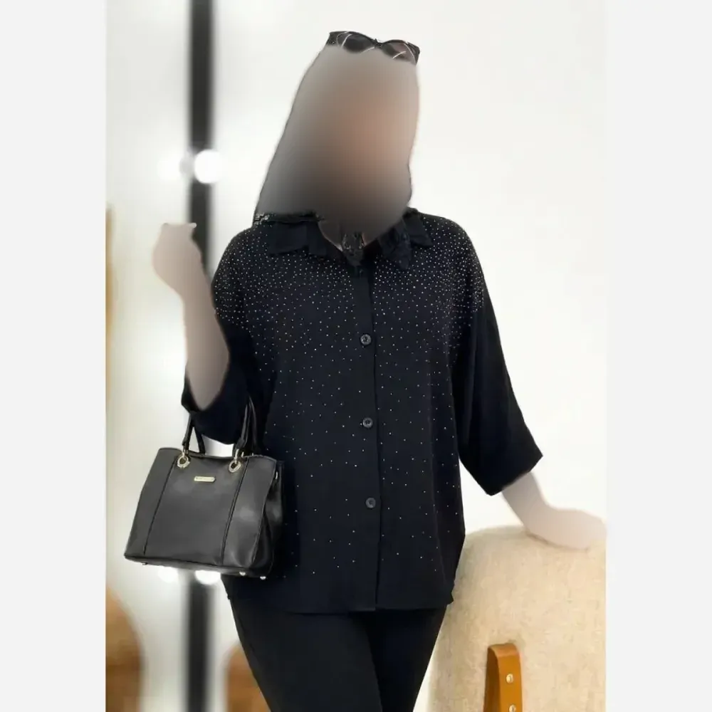 شومیز زنانه مدل رخشان جنس کریشه مشکی فری سایز 38 تا 48