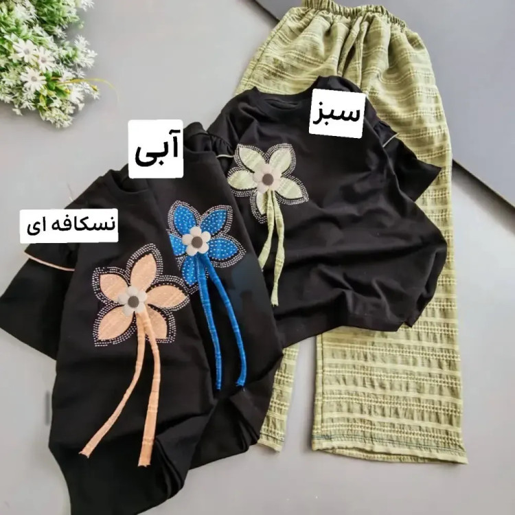 ست تیشرت و شلوار دخترانه طرح گل جنس پنبه سوپر و نخی سایز 50 تا 65