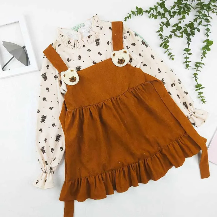 ست بلوز و سارافون دخترانه مخمل کبریتی طرح خرسی