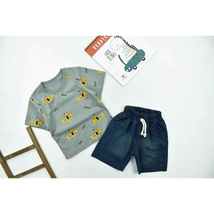 ست تیشرت و شلوارک پسرانه طرح سگ کلاه دار با شلوارک جین کاغذی