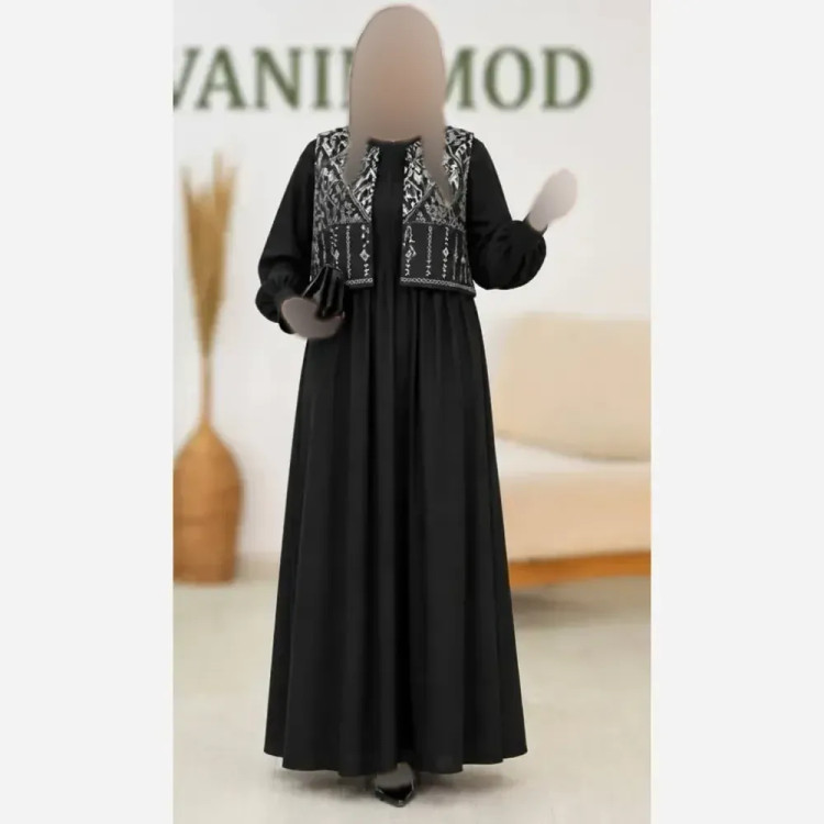 سارافون زنانه کرپ اندونزی با جلیقه سوزن دوزی مدل دو تیکه فری سایز