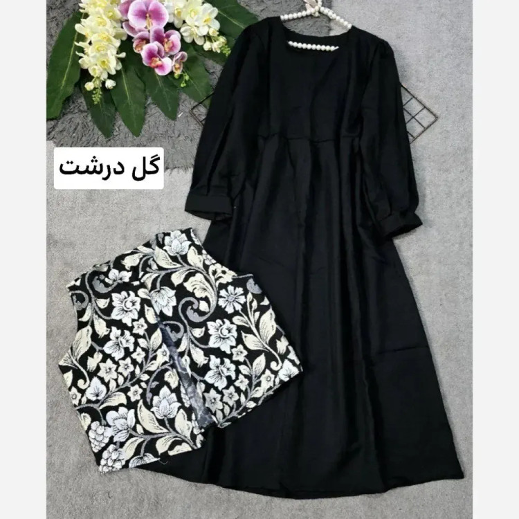 سارافون زنانه کرپ اندونزی با جلیقه سوزن دوزی مدل دو تیکه فری سایز