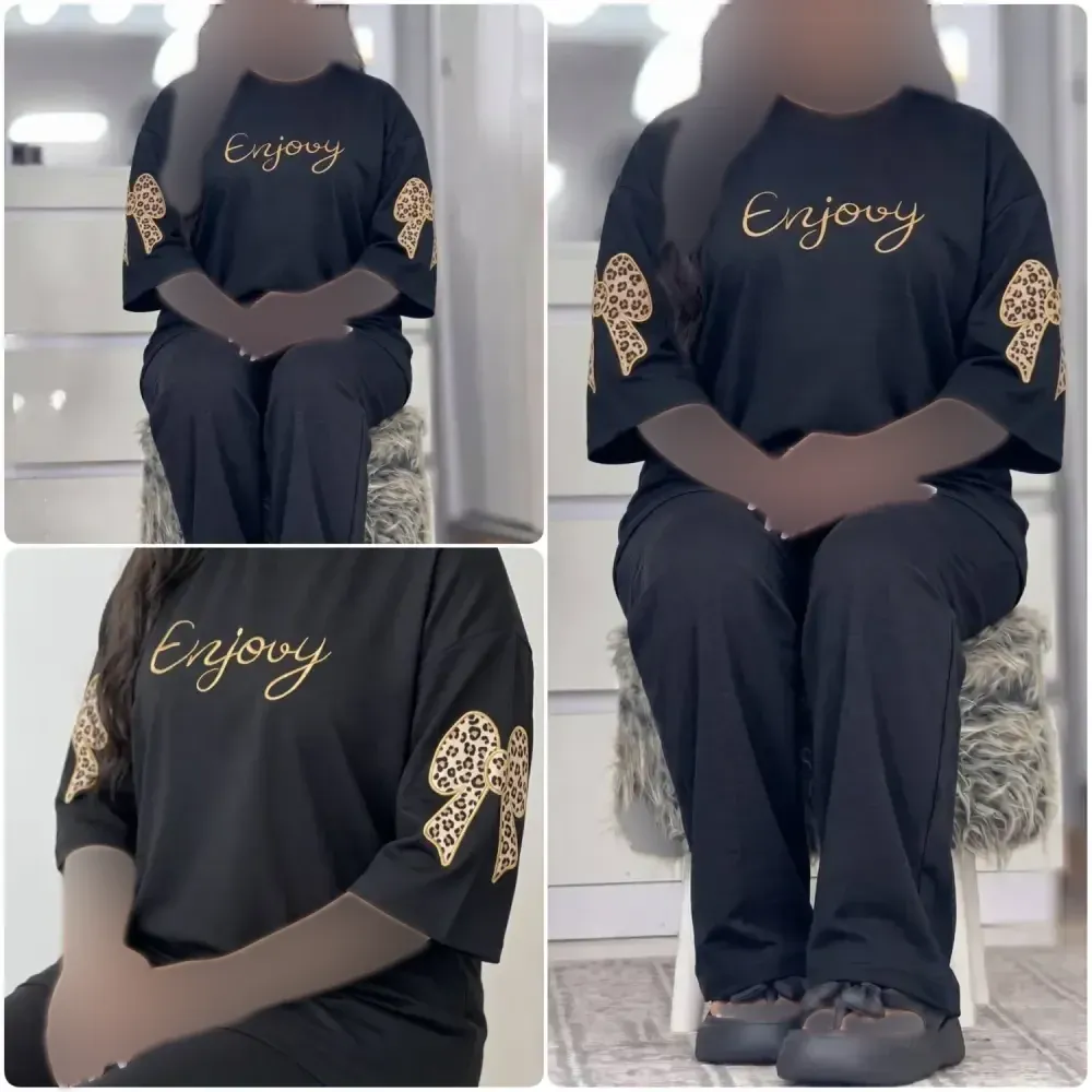 ست تیشرت و شلوار زنانه مدل فرنیا جنس پنبه گلکسی فری سایز 38 تا 46
