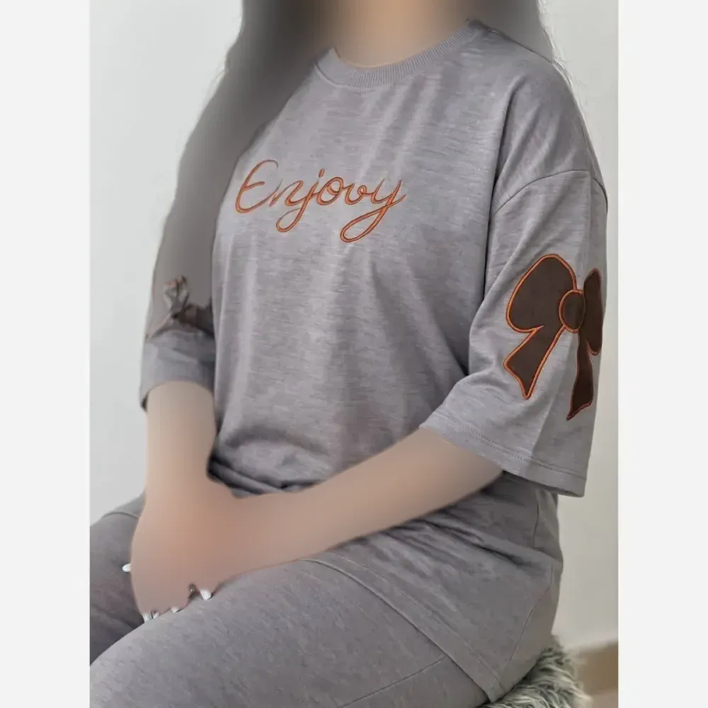 ست تیشرت و شلوار زنانه مدل فرنیا جنس پنبه گلکسی فری سایز 38 تا 46