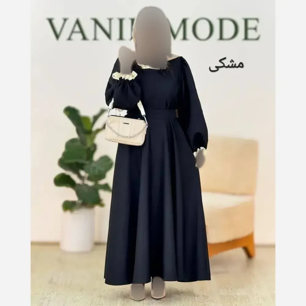 پیراهن زنانه یقه گیپور مدل شهرزاد رنگ مشکی فری سایز