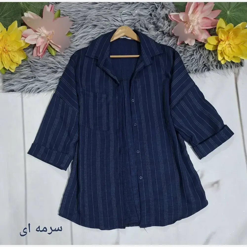 شومیز مانتویی زنانه جنس شانتون آستین پاکتی جیبدار فری سایز تا 48