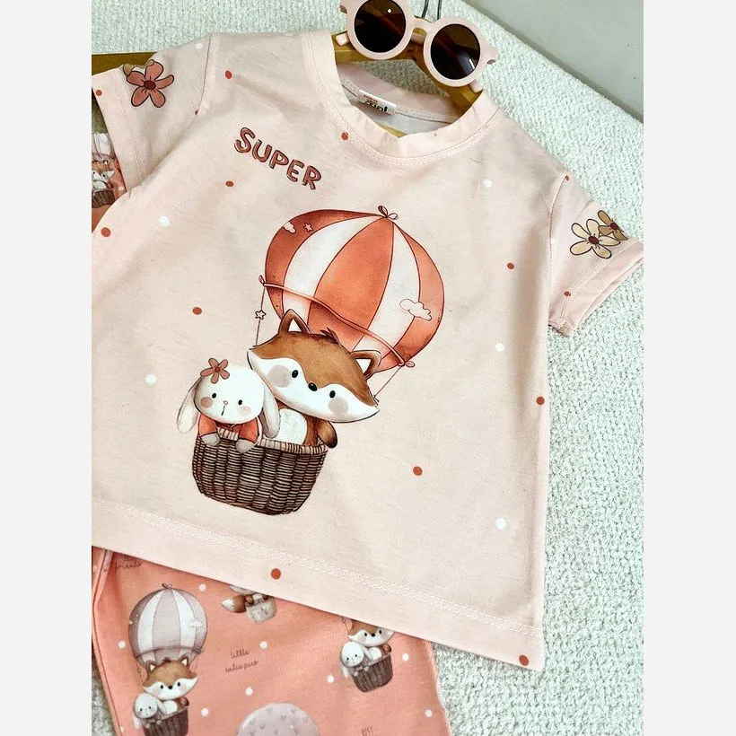 ست تیشرت و شلوار راحتی دخترانه طرح بالون جنس نخ پنبه سایز 2 تا 9 سال
