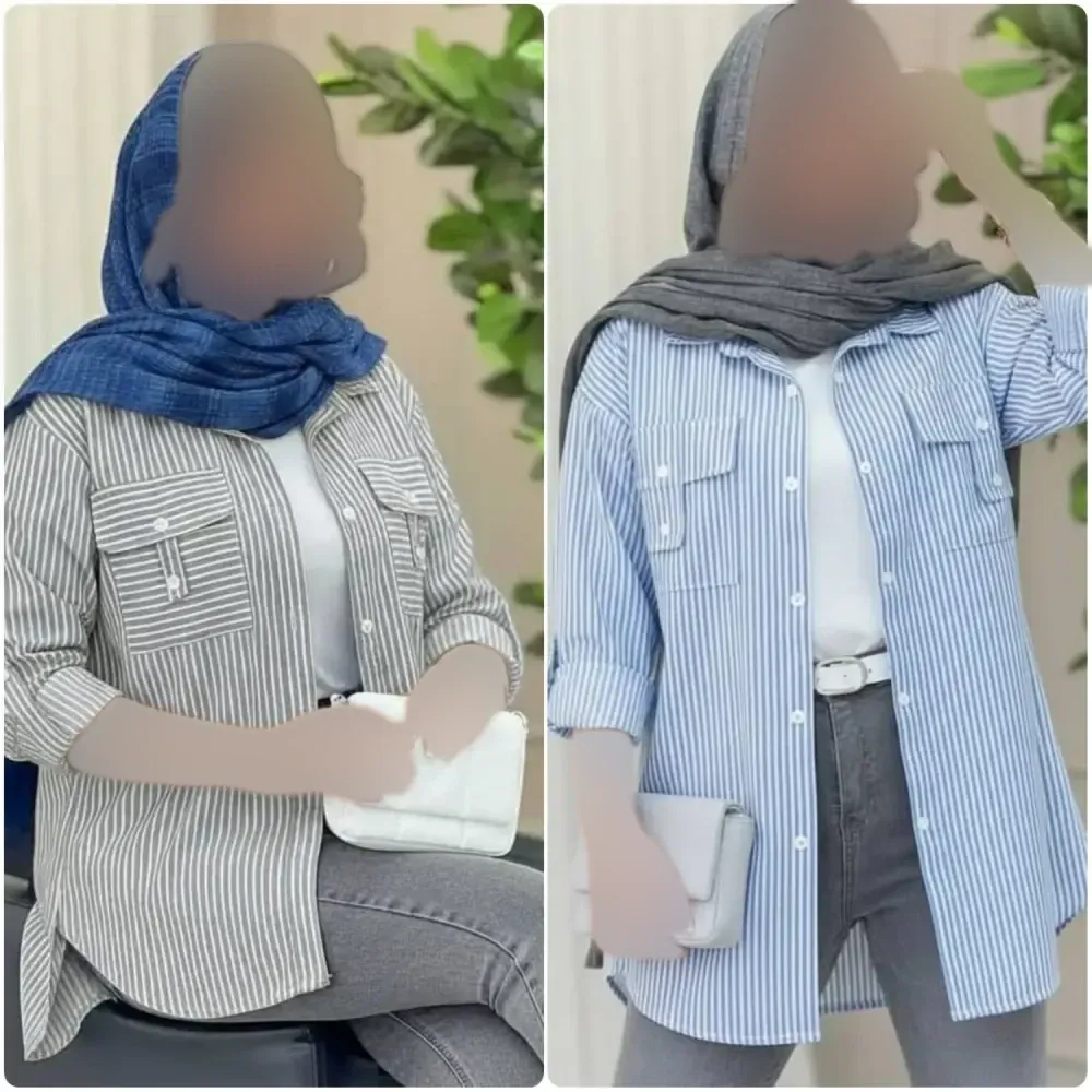 شومیز زنانه نخی راه راه مدل جیب صلیبی فری سایز 38 تا 46