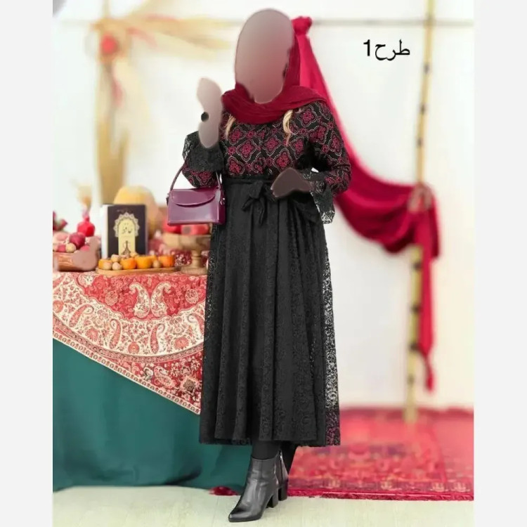 پیراهن زنانه مجلسی مدل فاخر جنس بالاتنه تافته و دامن دانتل فری سایز 38 تا 46