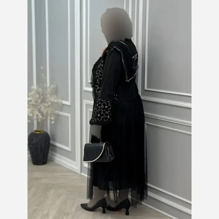 ست سه تیکه زنانه مدل شهرزاد شامل کت و دامن و شال مشکی مازراتی خامه دوزی شده