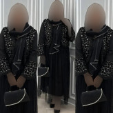 ست سه تیکه زنانه مدل شهرزاد شامل کت و دامن و شال مشکی مازراتی خامه دوزی شده