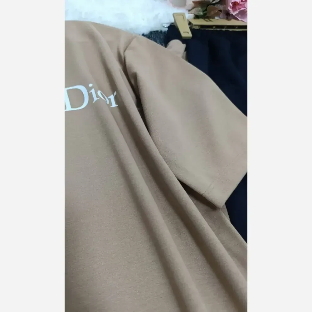 ست تیشرت و شلوار زنانه طرح کریستین دیور جنس گلکسی نخ پنبه سایز فری 38 تا 46