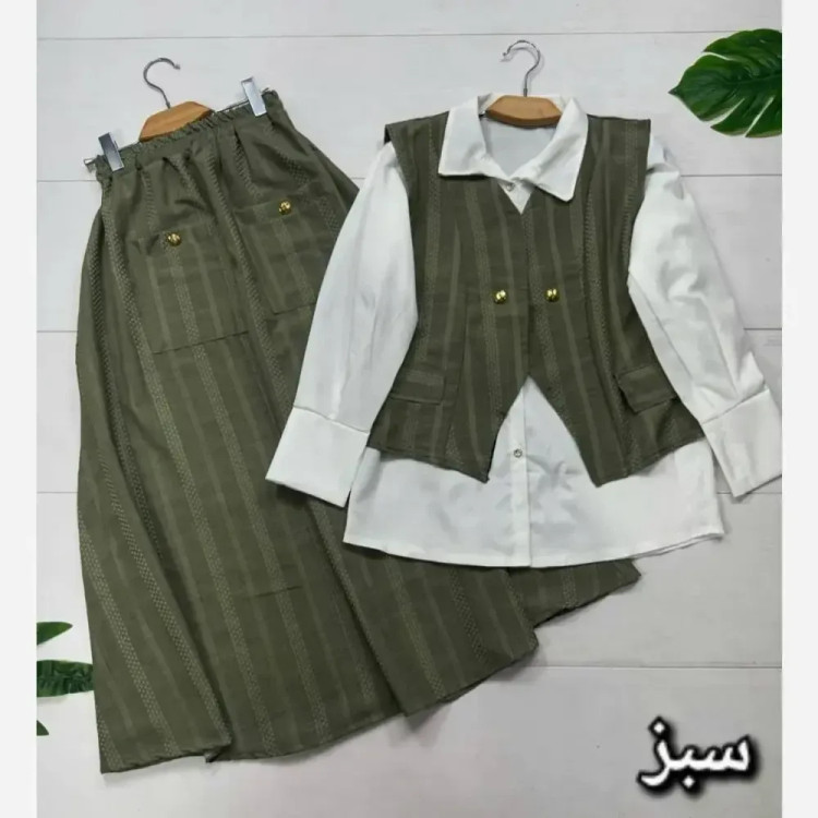 ست سه تیکه زنانه مدل ژینا جنس شانتون و داکرون فری سایز 38 تا 46