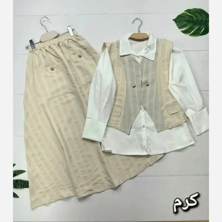 ست سه تیکه زنانه مدل ژینا جنس شانتون و داکرون فری سایز 38 تا 46