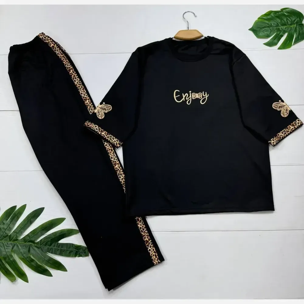 ست تیشرت و شلوار زنانه مدل enjoy جنس اسپان گلکسی رنگ مشکی فری سایز 38 تا 46