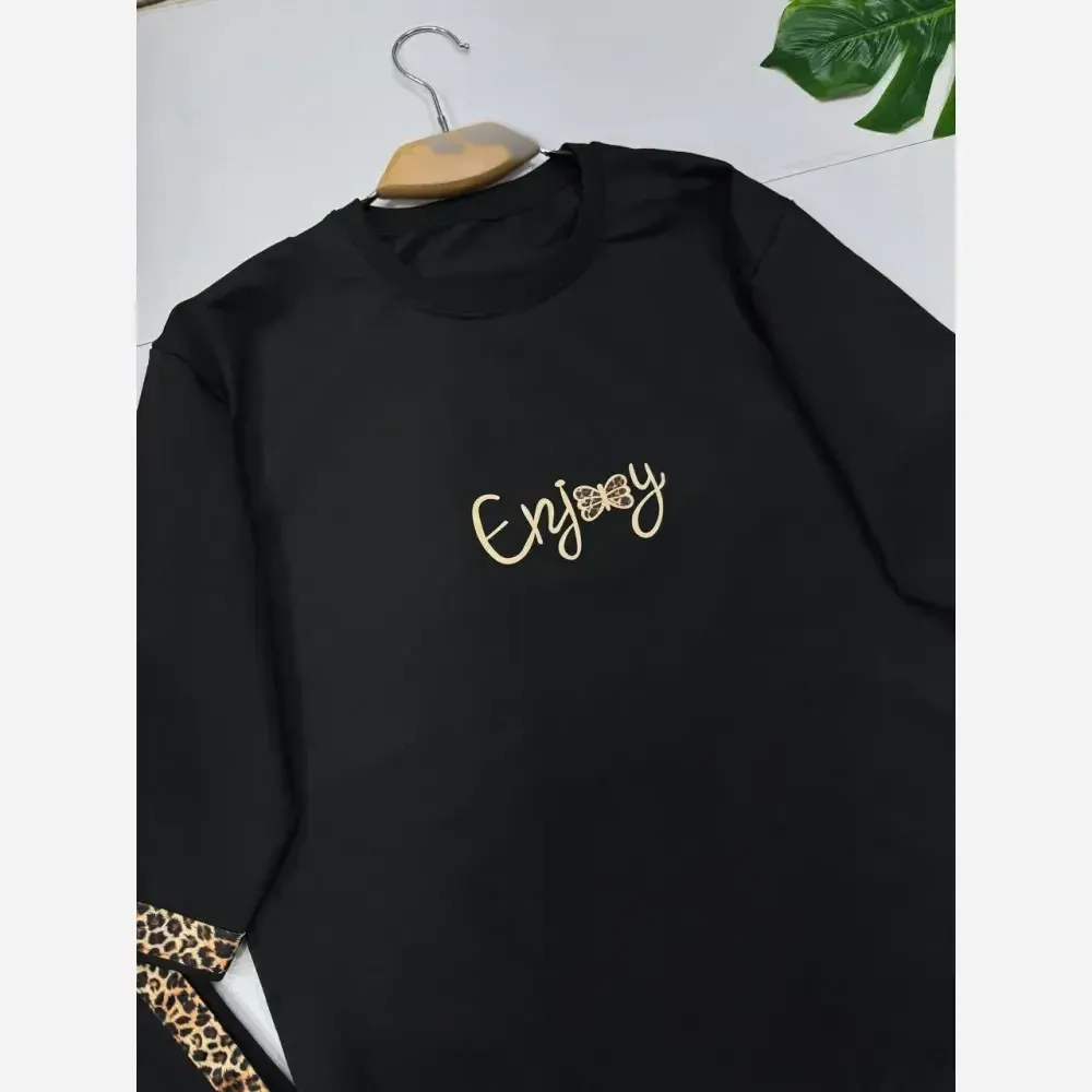 ست تیشرت و شلوار زنانه مدل enjoy جنس اسپان گلکسی رنگ مشکی فری سایز 38 تا 46