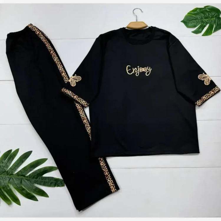 ست تیشرت و شلوار زنانه مدل enjoy جنس اسپان گلکسی رنگ مشکی فری سایز 38 تا 46