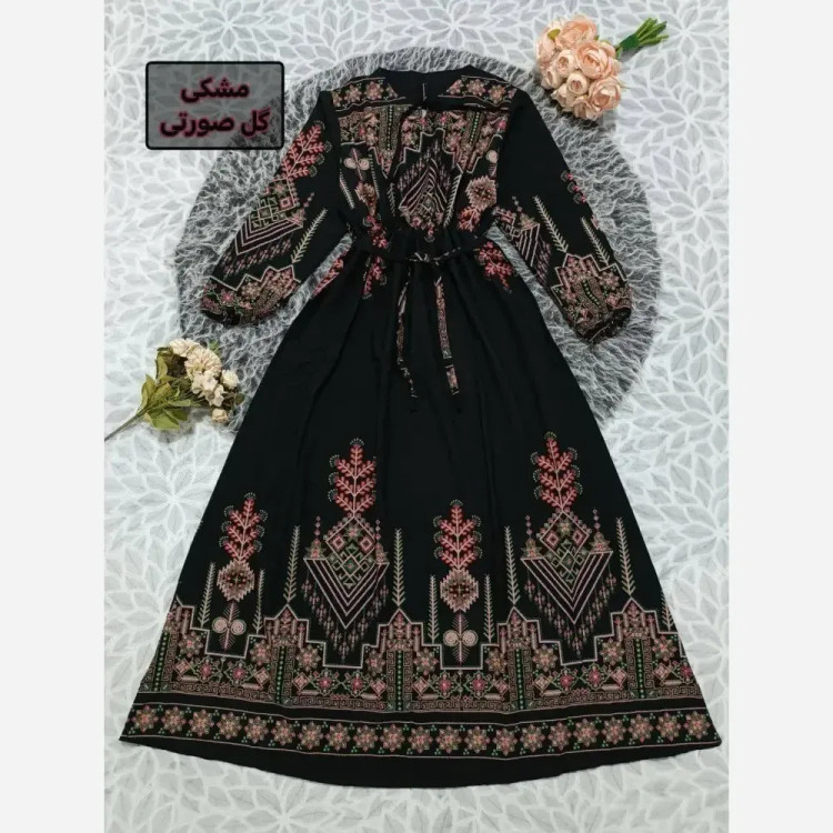 پیراهن کتیبه کلوش زنانه جنس بوگاتی فری سایز بلند و ماکسی