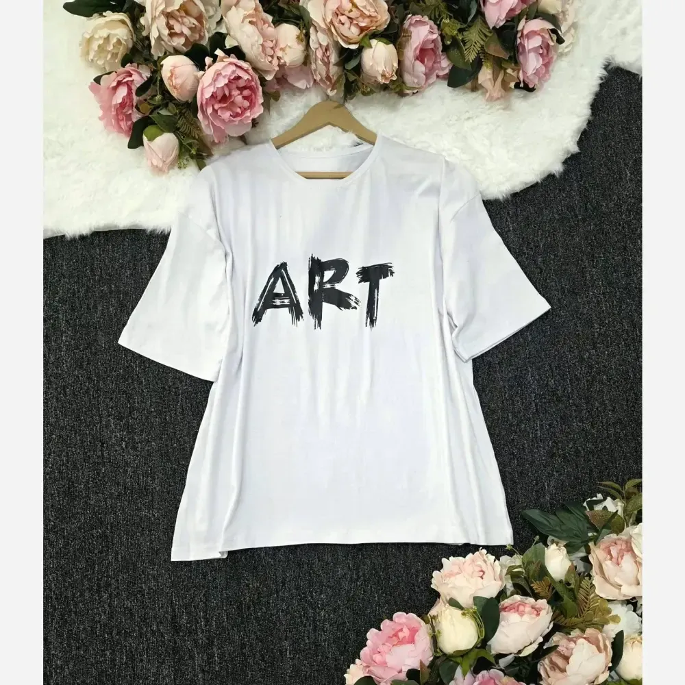 تیشرت باکسی زنانه طرح ART جنس پنبه 100٪ فری سایز مناسب 38 تا 50
