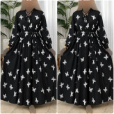 پیراهن زنانه مدل نیلا جنس بوگاتی طرح مشکی پروانه سفید فری سایز 38 تا 46