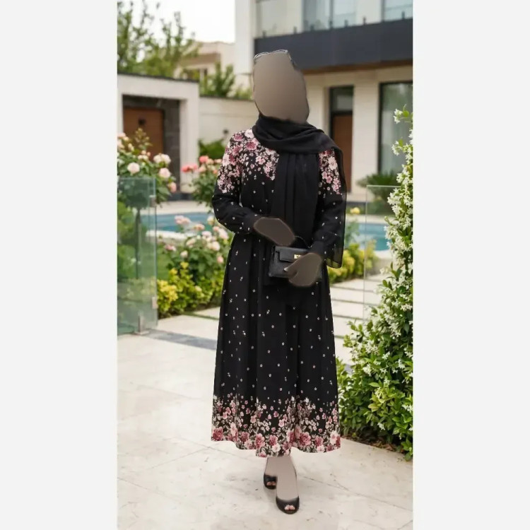 پیراهن ماکسی زنانه یقه چین دار مدل گلشن جنس بوگاتی رنگ مشکی فری سایز