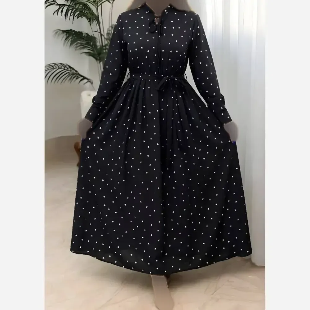 پیراهن زنانه طرح قلبی جنس بوگاتی فری سایز با کمربند و یقه چیندار