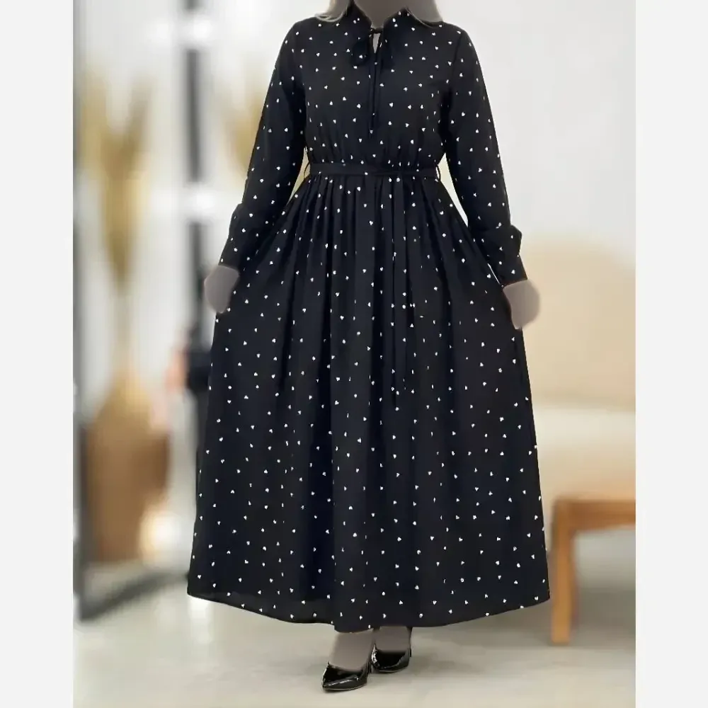 پیراهن زنانه طرح قلبی جنس بوگاتی فری سایز با کمربند و یقه چیندار