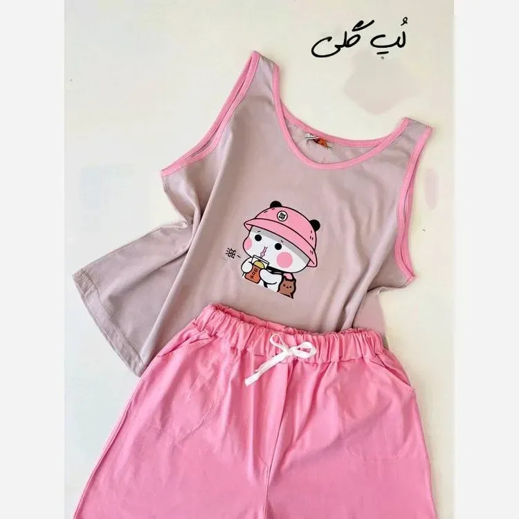 ست تاپ و شورتک زنانه نخ پنبه سوپر طرح کیتی فری سایز