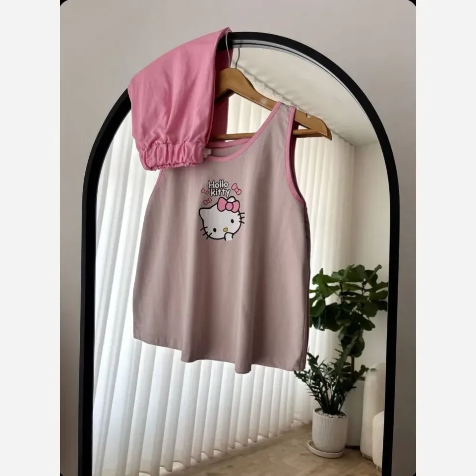 ست تاپ و شورتک زنانه نخ پنبه سوپر طرح کیتی فری سایز