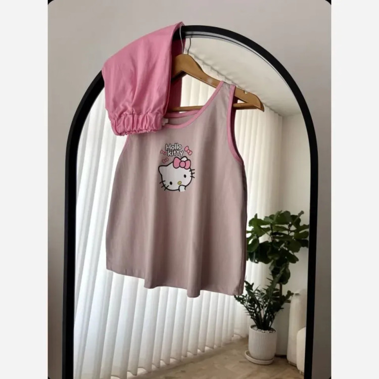 ست تاپ و شورتک زنانه نخ پنبه سوپر طرح کیتی فری سایز