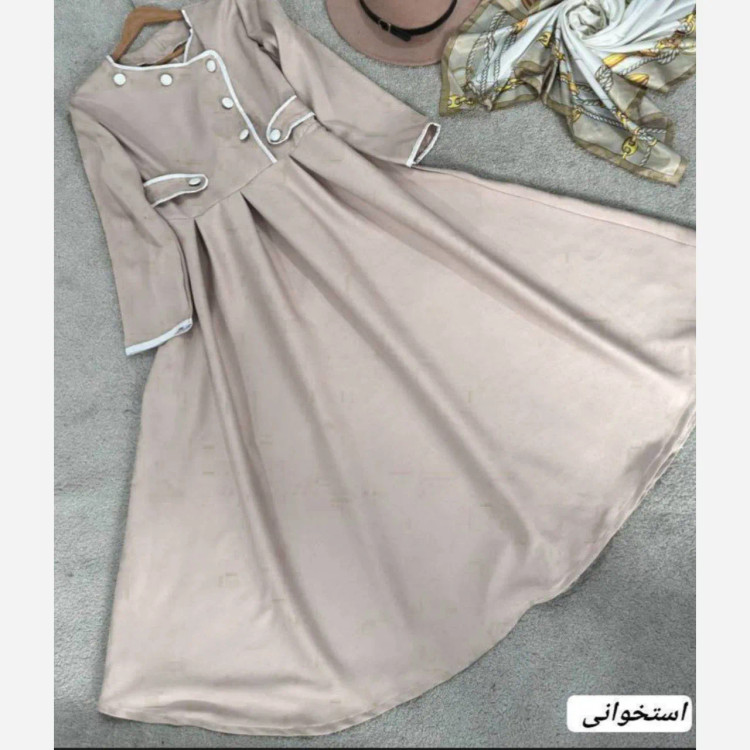 پیراهن بلند زنانه مدل آذین جنس مازراتی با دامن کلوش و کمربند سایز فری تا 46