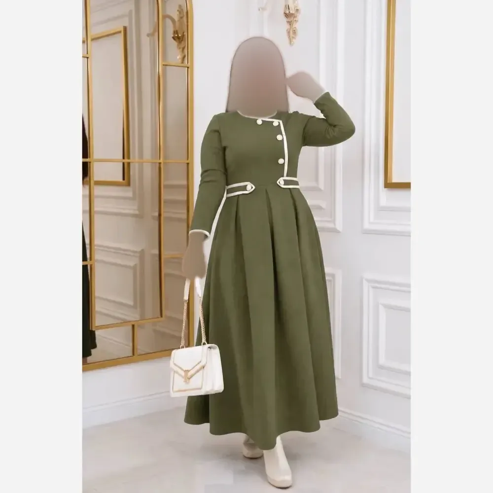 پیراهن بلند زنانه مدل آذین جنس مازراتی با دامن کلوش و کمربند سایز فری تا 46