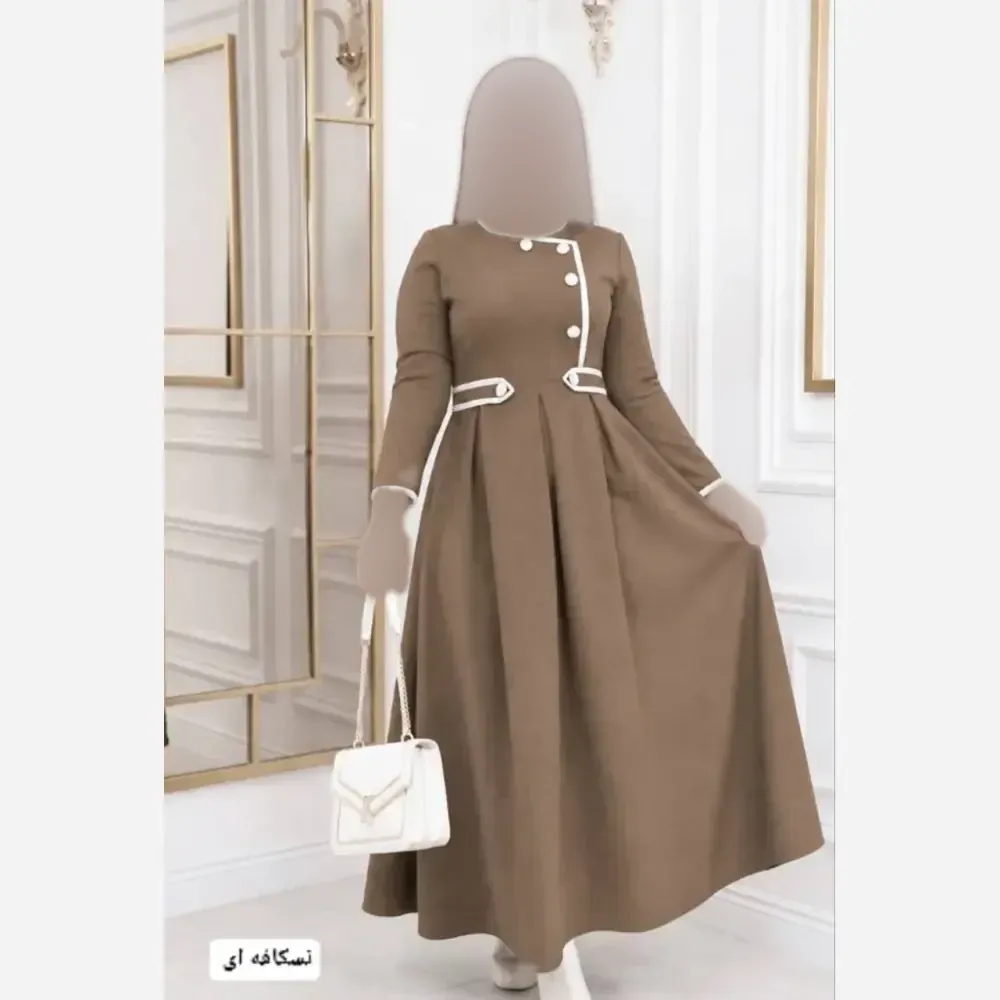 پیراهن بلند زنانه مدل آذین جنس مازراتی با دامن کلوش و کمربند سایز فری تا 46