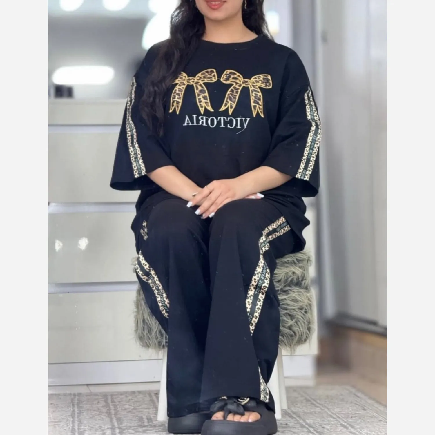 ست تیشرت شلوار زنانه VICTORIC جنس پنبه گلکسی سایز فری سایز 36 تا 46