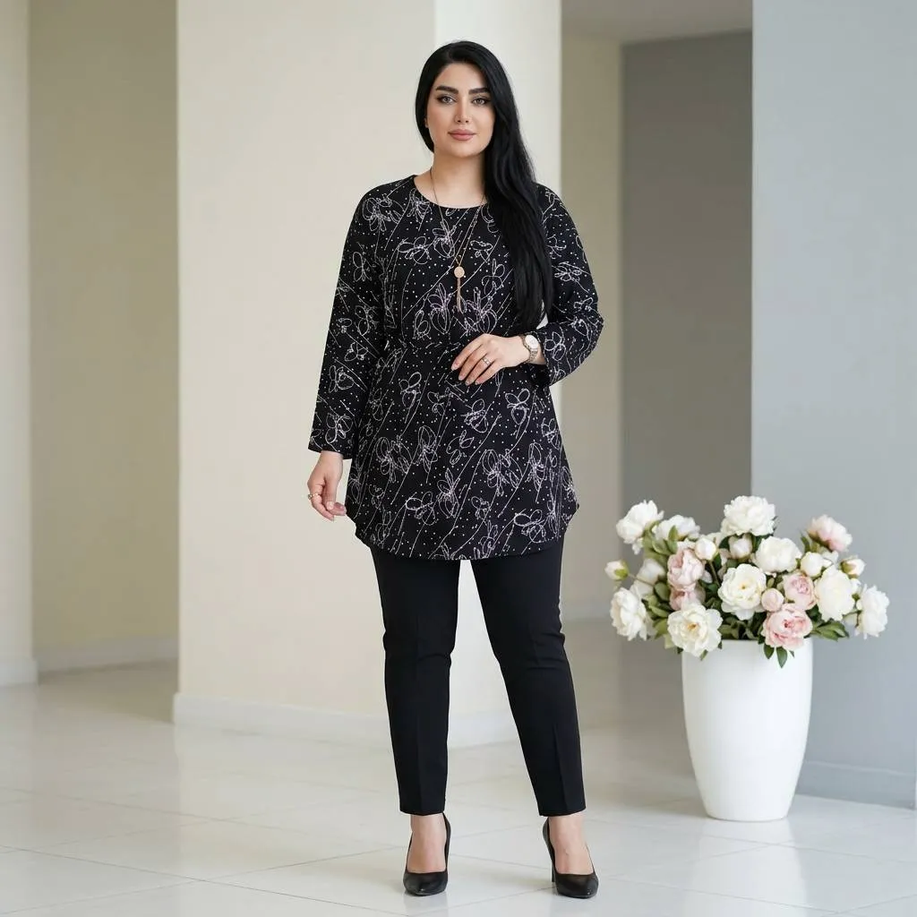 تونیک استرچ کشی زنانه قواره دار سایز بزرگ کمربند دار