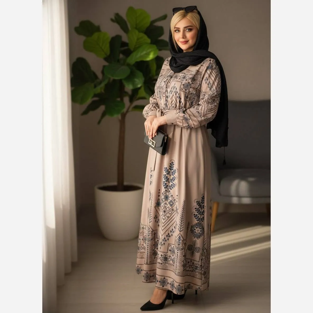 پیراهن سنتی زنانه یقه چین دار جنس بوگاتی فری سایز