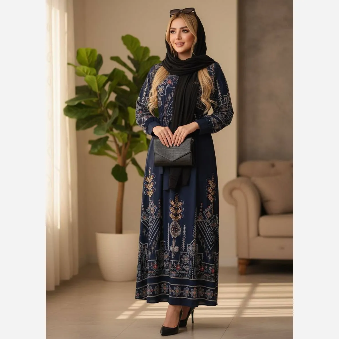 پیراهن سنتی زنانه یقه چین دار جنس بوگاتی فری سایز