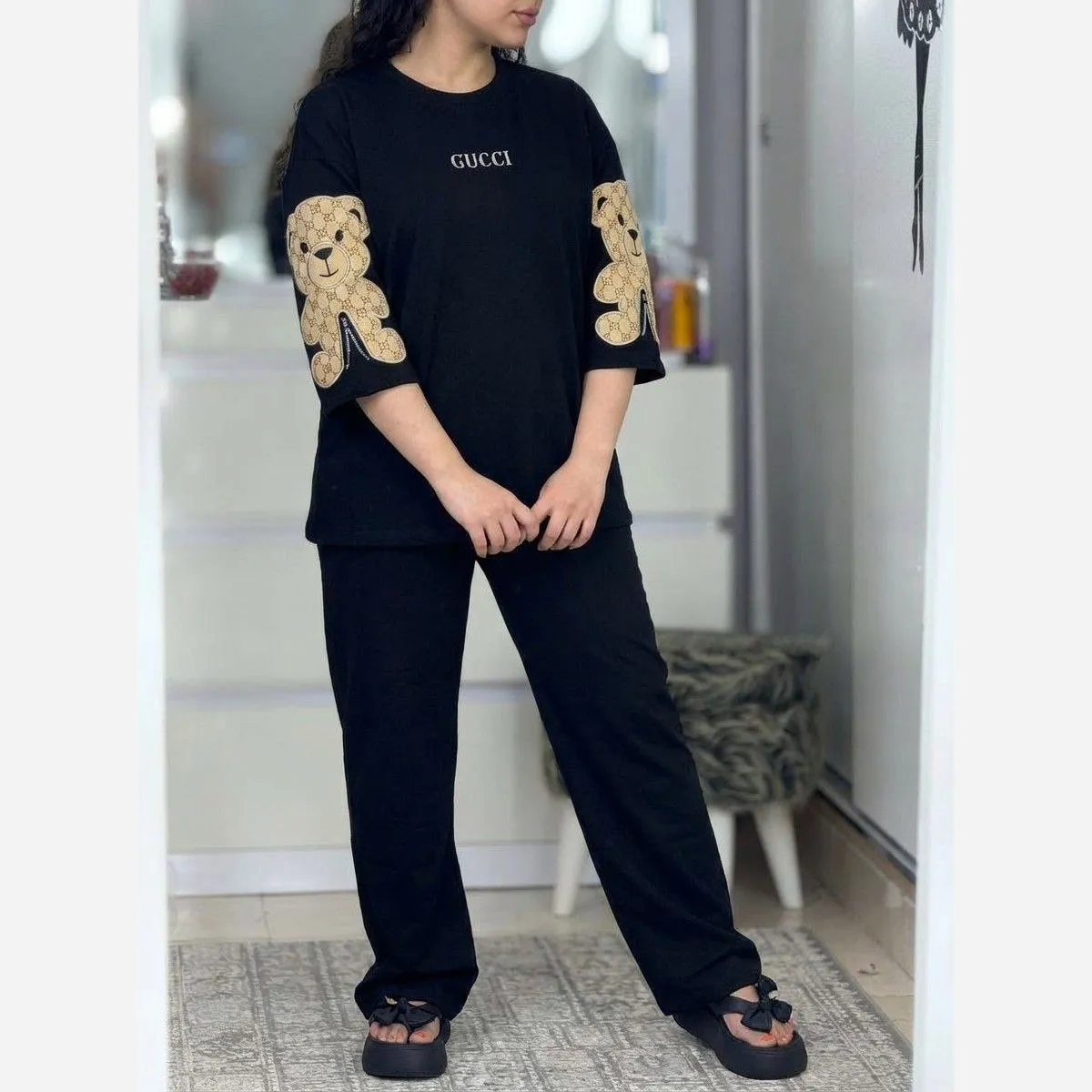 ست تیشرت شلوار خرسی پنبه گلکسی فری سایز زنانه