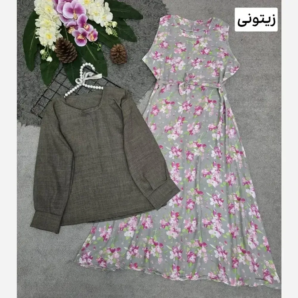 ست سارافون گل دار و شومیز حریر و شانتون فری سایز 36 تا 46
