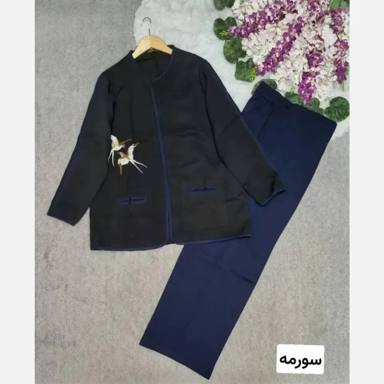 ست کت و شلوار زنانه پرستو مشکی جنس مازراتی درجه یک گلدوزی شده فری سایز