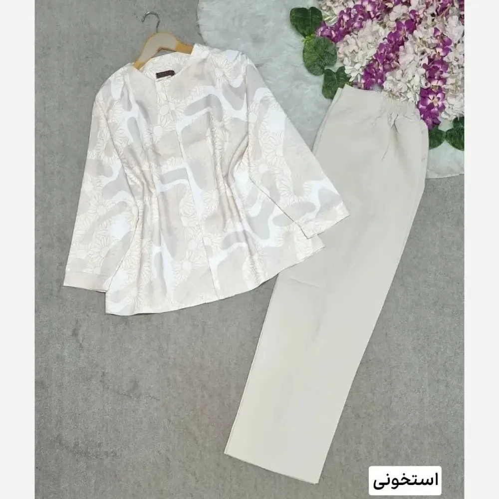 ست کت شلوار زنانه جنس مازراتی درجه یک رنگ استخونی نسکافه ای سایز فری 38 تا 48