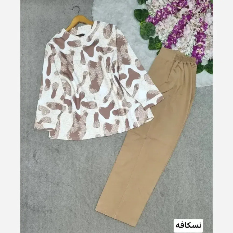 ست کت شلوار زنانه جنس مازراتی درجه یک رنگ استخونی نسکافه ای سایز فری 38 تا 48