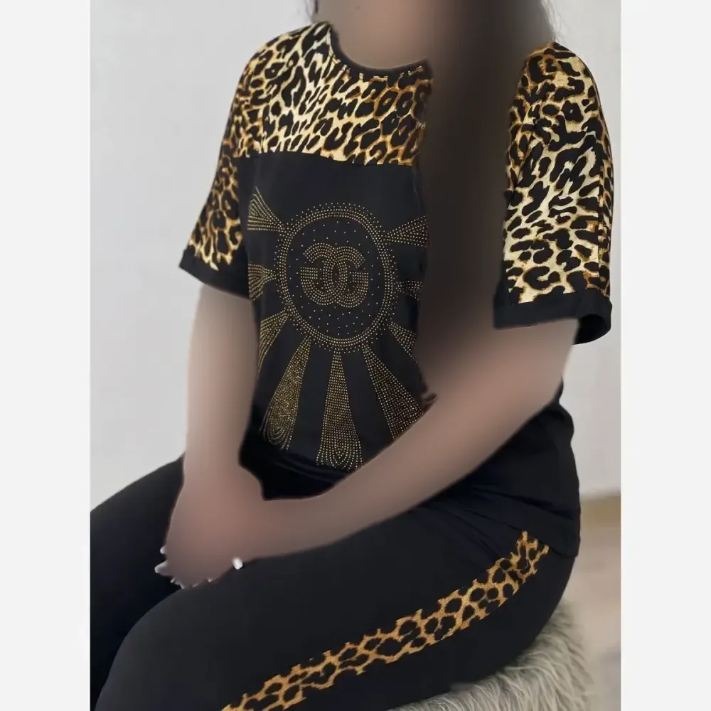 ست تیشرت و شلوار ویسکوز الیزه فول کش طرح نگین D&G فری سایز