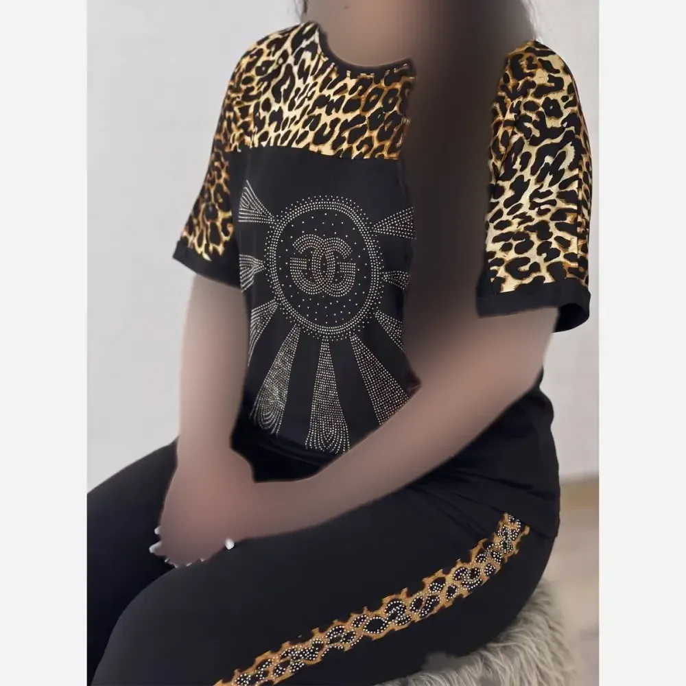 ست تیشرت و شلوار ویسکوز الیزه فول کش طرح نگین D&G فری سایز
