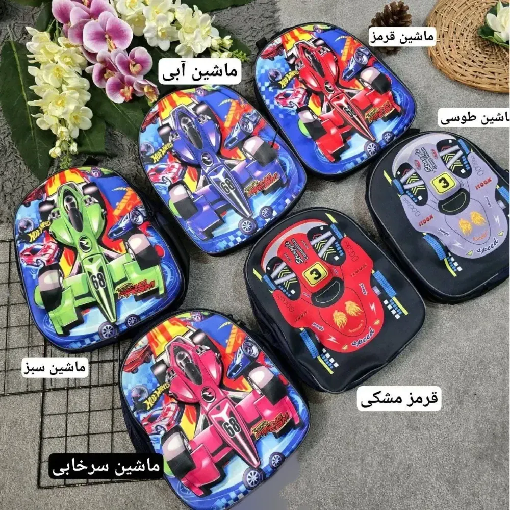 کوله پشتی طرح ماشین مسابقه ای برزنتی دو خانه سایز 35 در 25 رنگ رندوم