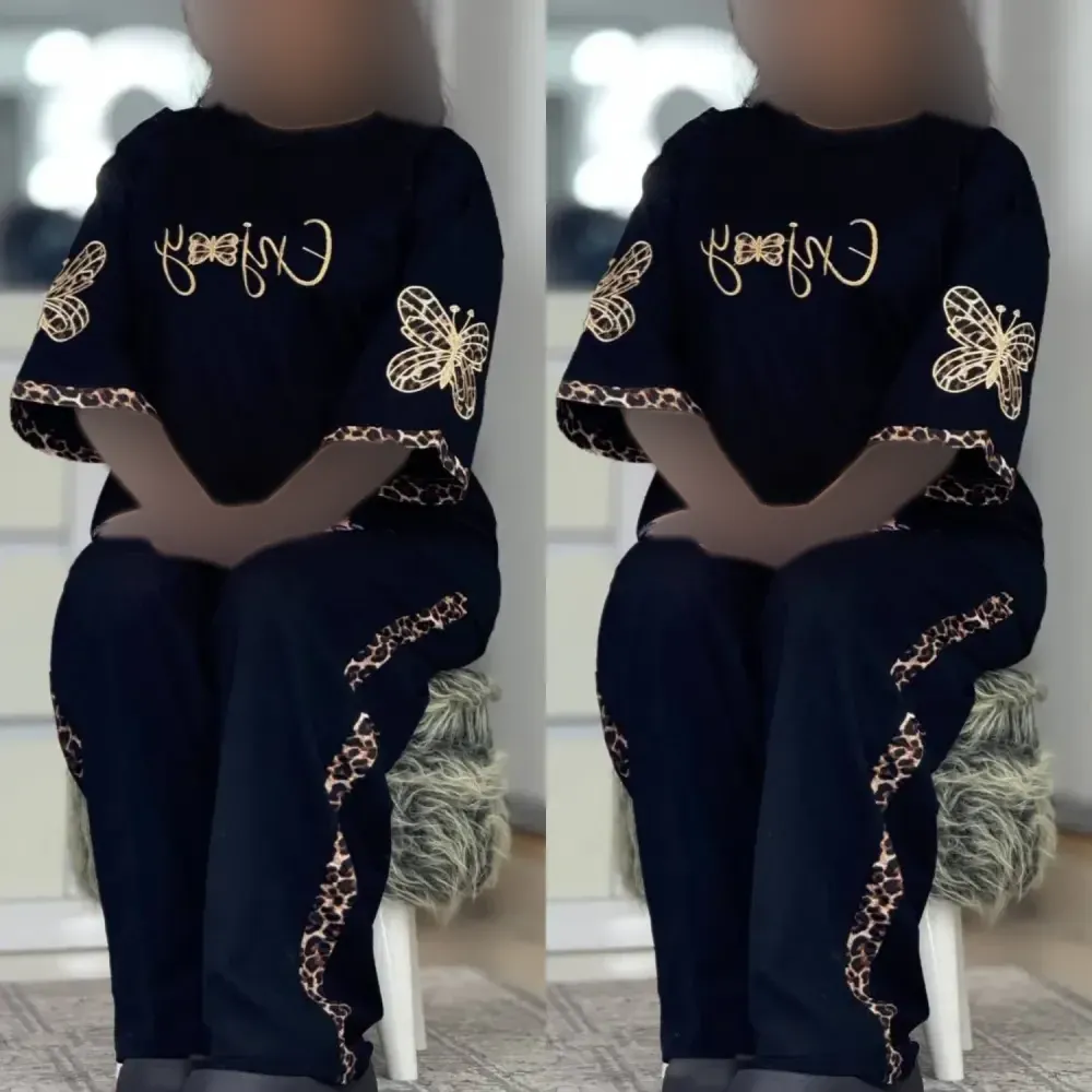 ست تیشرت و شلوار زنانه جنس پنبه گلکسی رنگ مشکی فری سایز گیلدا