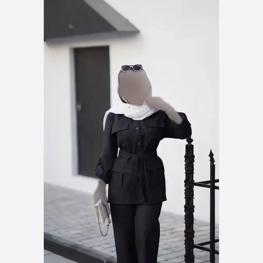 مانتو شلوار پرشین مکانیک هما رنگ مشکی و طوسی فری سایز