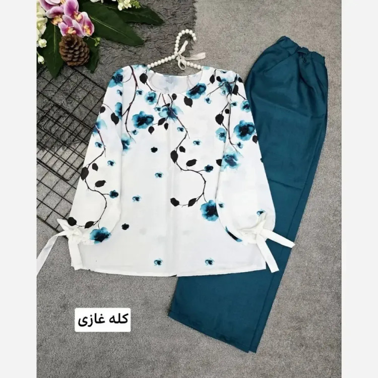 ست شومیز و شلوار مدل شکوفه جنس بوگاتی کیفیت عالی سایز فری 36 تا 46
