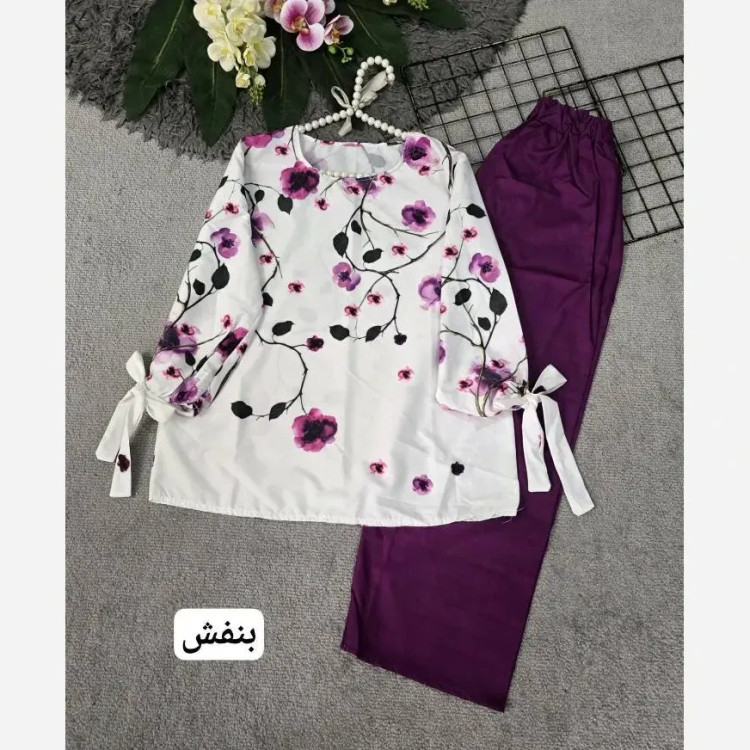 ست شومیز و شلوار مدل شکوفه جنس بوگاتی کیفیت عالی سایز فری 36 تا 46